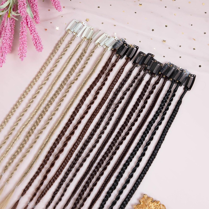 6PCS Braided Hair Extensions, 14 Inch Clip in Synthetic Braid