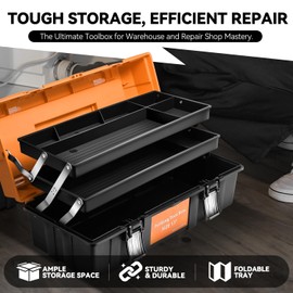 Auto Dynasty Tool Box Organizer Portable 3-layer Folding Toolbox with Non-slip Handle Tray for Garage, Workshop and On-the-Go Repairs, Orange/Black