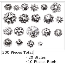BronaGrand 200pcs Tibetan Silver Flower Bead Caps Bead Caps Spacer Beads Bali Style Jewelry Findings for Necklace Bracelet,20 Styles