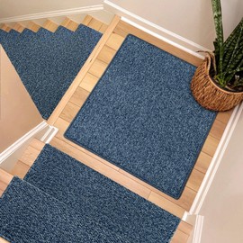 Brakki Bullnose Carpet Stair Treads, Non Slip Landing Mat for Wooden Steps Indoor, Soft Stair Rugs for Pets, Indoor Doormat for Kitchen Bathroom, Washable, 30"x30" 1pc, Blue
