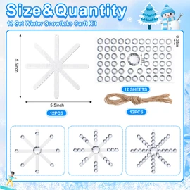 CraftyDream 12 Set Snowflake Craft Kit Christmas Wooden Stick and Gem Stickers Winter Ornament Make Your Own Snowflake for Xmas Tree Hanging Decoration DIY Home Activities (Silver White)