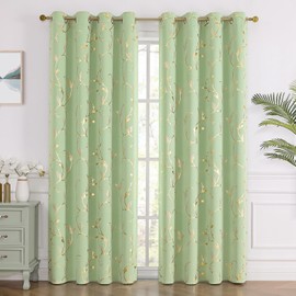 BUHUA Blackout Curtains Gold Foil Print Flower Vine Grommet Drapes, Room Darkening Thermal Insulated Curtains, Noise Reducing Curtain for Bedroom, Grass Green, 52Wx72L, 2 Panels