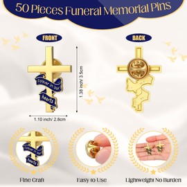 Misdary 50 Pcs 50 Pcs Funeral Favor for Guest Funeral Cross Ribbon Pins Memorial Lapel Brooch Forever in Our Hearts Religious Christian Celebration of Life Gift for Mourning Remembrance Day (Dark Blue)