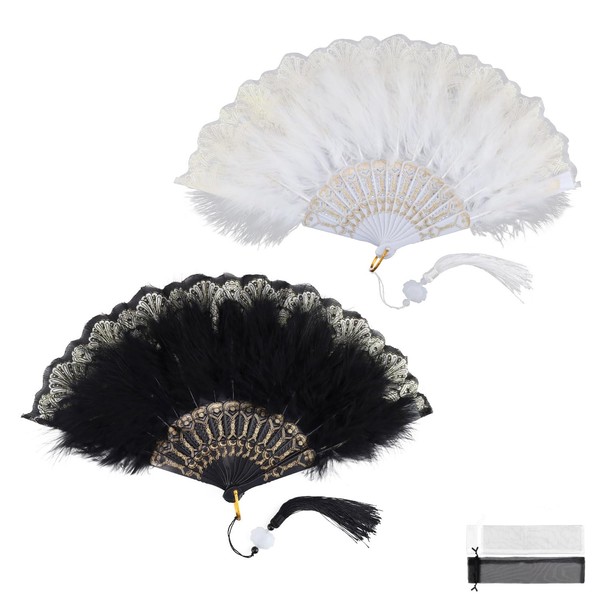 HASLED Pack of 2 Feather Hand Fans, Foldable Fan, Women's Chinese Fan, Fan with Tassels, Small Hand Fan Can Be Used for Wedding, Prom, Tea Party