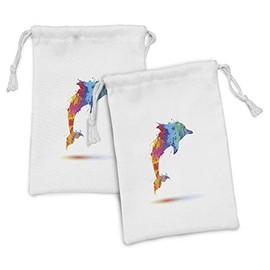 Ambesonne Dolphin Fabric Pouch Set of 2, Multicolored Animal Design Watercolor Pattern Vibrant Ocean Mammal Image Print, Small Drawstring Bag for Toiletries Masks and Favors, 9" x 6", Multicolor