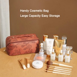 Travel Makeup Bags Cosmetic Organizer Bag,Large Capacity PU Leather Toiletry Bag for Women - Wide Open Portable Pouch with Divider & Handle (Khaki)