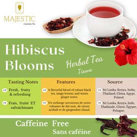 Majestic Tea HIBISCUS TEA, Herbal Refreshment| Crimson Tea| Hibiscus Flowers- Full Blooms Caffeine Free | 100% Natural Ingredient, Non GMO_ Eco-Conscious (100g) (Pack of 1).