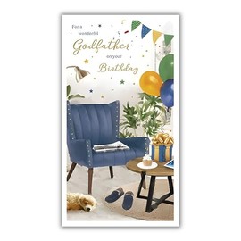 Godfather Birthday Card - Wonderful Godfather - Puppy Dog and Balloons Design - Special Finishes and Illustrated Insert Leaf - Made in the UK