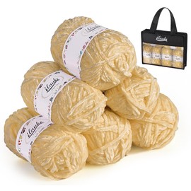 ilauke Chunky Chenille Yarn 6x50 g, Soft Chenille Chunky Wool, Crochet Yarn 100% Supersoft Polyester for Knitting with Handbag for Clothes Blankets Bags DIY, Milk-Yellow