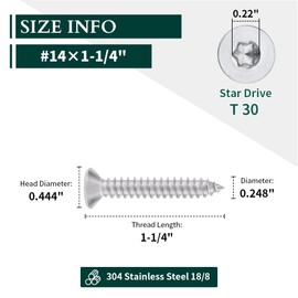 #14 x 1-1/4" Flat Head Torx Drive Self Tapping Screws for Wood and Sheet Metal, 304 Stainless Steel 18-8, Corrosion Resistant Countersunk Star Drive Head Screws, Pack of 50