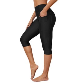 ATTRACO Womens Long Swim Shorts High Waisted Swim Leggings Board Shrots with Pockets Swim Bottoms UPF 50+ Swimming Leggings Black M