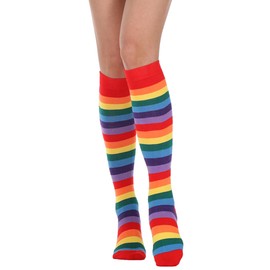 SYYWLYAP Womens Rainbow Knee Socks Funny Novelty Girls Colorful Striped High Socks Cute Holidays Tube Sock Red Purple Rainbow