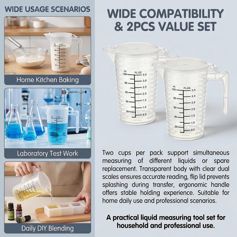 2 Pack Measuring Cup With Lid 100ml PP Black Graduated