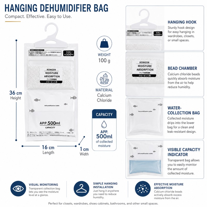 Hanging Moisture Absorber Bags for Closet Humidity Control – 5-Pack