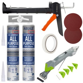 Caulking Tool Kit, Caulking Gun, 2 White Silicone Sealant with Gun - All-Purpose 100% Silicone Caulk (20 oz Tube), and 5 in 1 Scraper/Smoothing Tool, Sandpaper, Gloves and Masking Tape