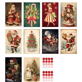 10pcs Vintage Christmas Postcards with 32 Red and Pink Dot Stickers, Christmas Elements Antique Postcard Set Merry Christmas Greeting Cards for All Occasions New Year Gift Giving