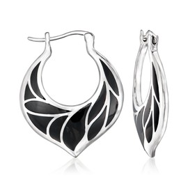 Ross-Simons Onyx Leaf-Pattern Hoop Earrings in Sterling Silver