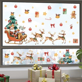 LHIUEM Santa Claus Reindeer Wall Stickers Set of 2 Sheets 80pcs Merry Christmas Wall Decals Xmas Window Clings Bulk Christmas Ornaments Stickers Santa Reindeer Vinyl Decals for Living Room Classroom