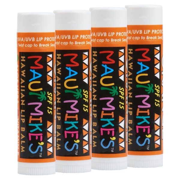 Maui Mike's Lip Balm SPF-15 (4 Pack, Orange) Vitamin E, Aloe Vera and SPF-15 Sun Protection. Take Your Lips on a Hawaiian Vacation.