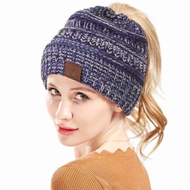 Urieo Winter Knitted Beanie Hat Soft Warm Thick Knit Ski Cap Blue Cuffed Beanie Hat Wool Slouchy Skull Cap for Women and Girls