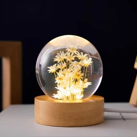 DESHINTKE Yellow Daisy Glowing Crystal Ball Eternal Flower Paperweight with Luminous Base