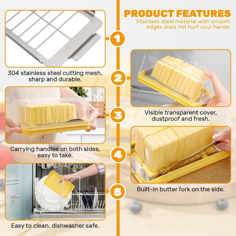 Stainless Steel Butter Slicer Cutter Container with Lid & Fork,