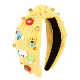 Brimekichio Teacher Headband Yellow Knotted Back to School Headband Rhinestone Pearl Embellished Teacher Accessories for Women Gift