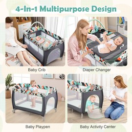 HONEY JOY Pack and Play, 4 in 1 Portable Baby Crib Playpen w/Bassinet, Changing Table, Storage Bag, Hanging Toys, Mattress, Foldable Pack and Play Nursery Center for Infant Boys Girls (Blue)