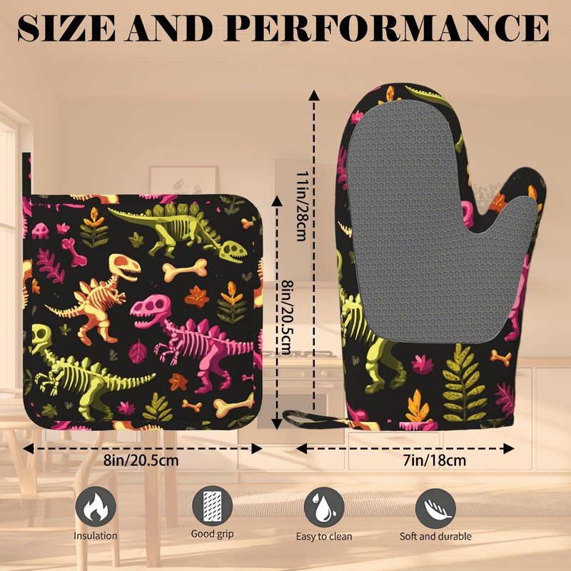 Dinosaur Skeleton Oven Mitts and Pot Holders Sets Non-Slip Silicone