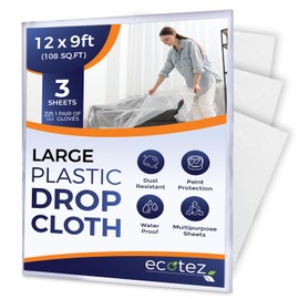 Ecotez 3 Pack 12 x 9 ft Extra Large Painter’s Plastic Drop Cloth Painting Sheet-Light & Durable Dust Cover-Clear Plastic Sheet-Plastic Sheeting-Plastic Cover-Paint Drop Cloth- Plastic Floor Protector
