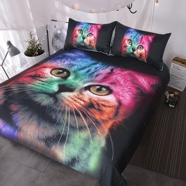 BlessLiving Cat Bedding for Girls Boys Cute Colorful Cat Pattern Bedspread 3 Piece Bold Color Black Animal Duvet Cover Set(Double)