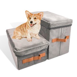 DAYARD Dog Stairs with Storage, Foldable Dog Steps for Sofa High Beds, Portable Pet Storage Stepper for Small Pets Dogs Cats, 2 Steps Grey