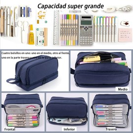 AZULDIMEN Estuche para lápices de gran capacidad con 4 compartimentos, estuche para lápices con múltiples ranuras, organizador de papelería para el trabajo de oficina escolar (Armada)