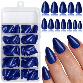 LoveOurHome 240pc Almond Press on Nails Short Fake Nails Blue Glue on Nail Short Almond Nails Press ons Acrylic Nail Full Cover Artificial Fingernail Colored XS Stiletto False Nail with Adhesive Tab