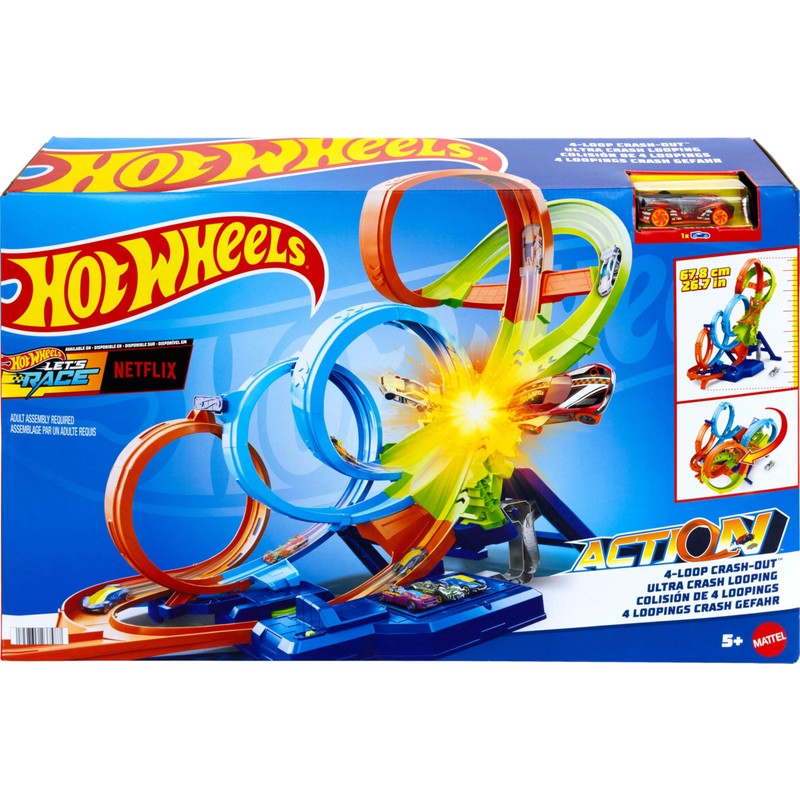Hot Wheels Track Set with 4 Loops, 3-Way Crash Zone