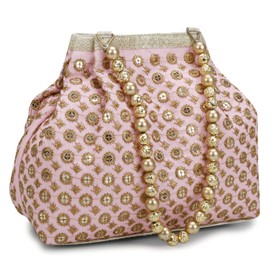 Indian Ethnic Designer Embroidered Silk Potli Bag Batwa Pearls Handle Purse (Pink-1)