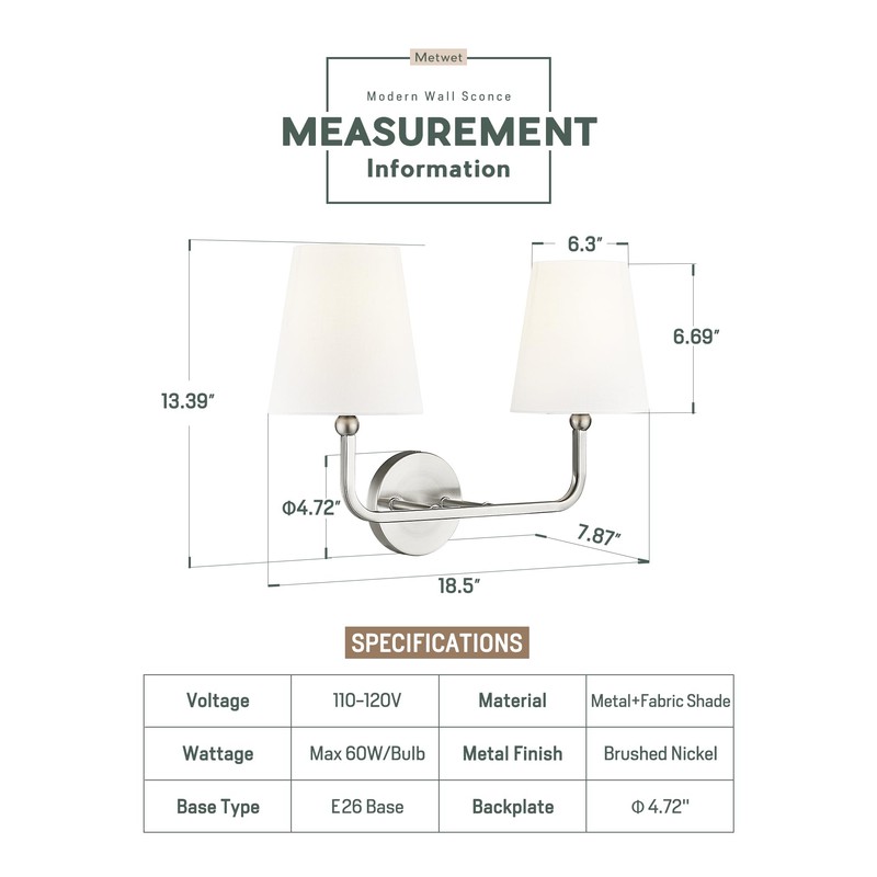 METWET 2-Light Bathroom Light Fixtures, Brushed Nickel Vanity Lights, Double