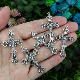 Ornate Jesus Crucifix Crosses - Antique Silver Color 43mm Long - 5pcs
