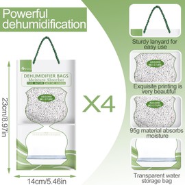 Hanging Dehumidifier, Humidity Pack 4 Packs 95 g x 500 ml, Dehumidifier Cabinet with Moisture Catcher Crystals, for Cabinets, Home, Kitchen, Garage, Moisture, Anti-Mould, Deodorising (Green)