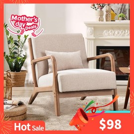 [Mother's Day Deal] EBELLO Modern Accent Chair, Comfy Fabric Living Room Chairs with Solid Wood Frame, Lounge Reading Armchair, Easy Assembly - Color: Grey