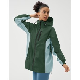LOMON Womens Lightweight Waterproof Rain Jacket Active Outdoor Hooded Raincoat with Pockets Dark Green and Cyan XL