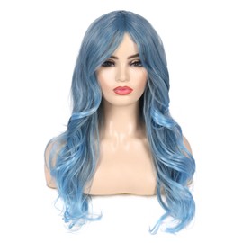 Long Curly Wavy Blue Wigs for Women Synthetic Halloween Cosplay Hair Wig