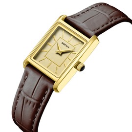 BOFAN Women's Leather Straps Watch Dainty Elegant Gold Watches for Women with Vintage Square Case,Water Resistant（Gold-Brown）