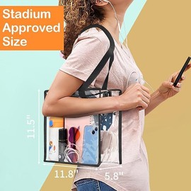 PENGYIP Clear Stadium Approved Tote Bag, Transparent See Through, 11.5x5.75x11.75 inch, Adults, Unisex, Black, Solid
