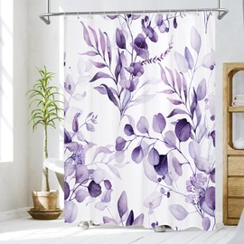 MitoVilla Purple Spring Floral Shower Curtain, Modern Plants Botanical Fabric Cloth Shower Curtains for Chic Elegant Bathroom Decor, Summer Watercolor Eucalyptus Leaf, 72x72