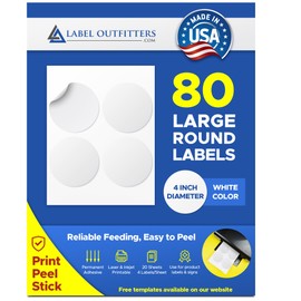80 Label Outfitters® Large Round Labels, 4 inch Diameter, Laser and Inkjet Printable, 20 Sheets