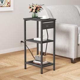Creso hom Tall End Table with Charging Station, 3 Tier Wood Side Table with USB Ports and Outlets, Narrow Nightstand for Dorm, Telephone Table, Bedside Table for Bedroom, Living Room, Black