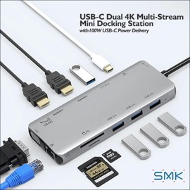 SMK-Link USB-C Dual 4K Multi-Stream Mini Docking Station - for Notebook/Camera/Scanner/Tablet/Monitor/Projector/TV - 100 W - USB Type C - 2 x USB 2.0-2 x USB 3.0 - Network (RJ-45) - HDMI - VGA - Th