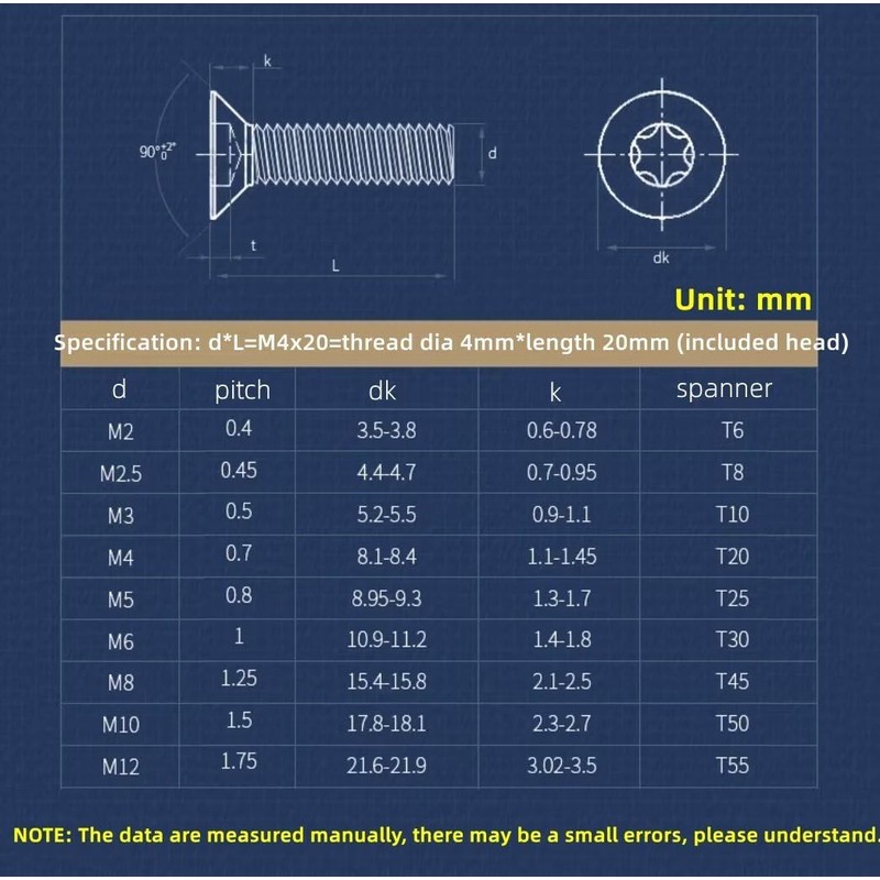 SYDARSYN Torx Countersunk Screw Hexagon Socket Machine Screw Flat Head