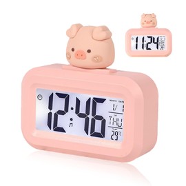 Cartoon Digital Alarm Clock, Kawaii Alarm Clock for Girls Boys Bedroom LED Display Alarm Clock for Bedside with Data Time Calendar Temperature Desktop Clock for Adult Kid(Pink)